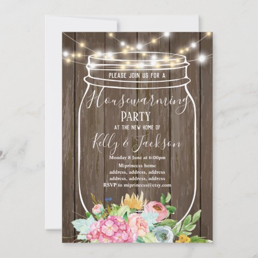 素朴な木、瓶、引っ越し祝いパーティーパーティー 招待状 (正面)