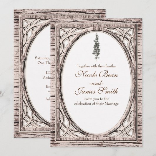 素朴な松の木と白い木の冬の結婚式 招待状 (正面/裏面)