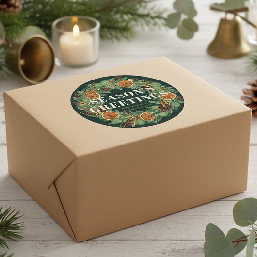 素朴な松の木の乾燥オレンジのリース 緑のホリデーシーズン ラウンドシール