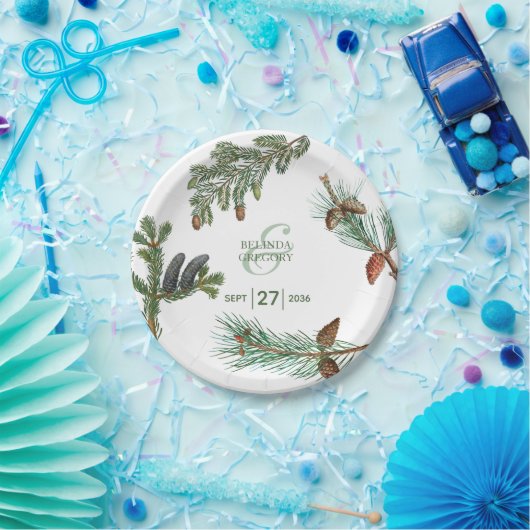 素朴な松の木の森のグリーン ウェディング ペーパープレート (パーティー)