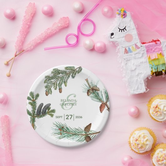 素朴な松の木の森のグリーン ウェディング ペーパープレート (パーティー)