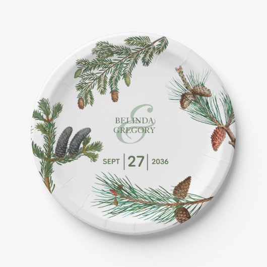 素朴な松の木の森のグリーン ウェディング ペーパープレート (正面)