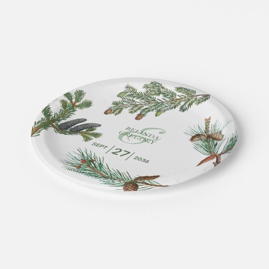 素朴な松の木の森のグリーン ウェディング ペーパープレート (アングル)