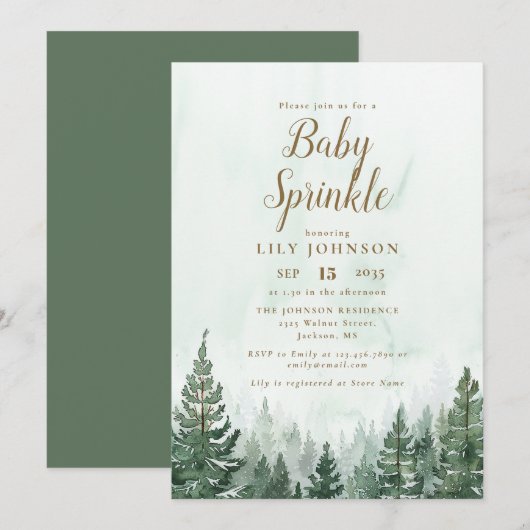 素朴な松の木の森のベビーシャワー プリンセス 招待状 (正面/裏面)
