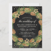 素朴な松ぼっくりリースのブラッククリスマスウェディング 招待状 (正面)