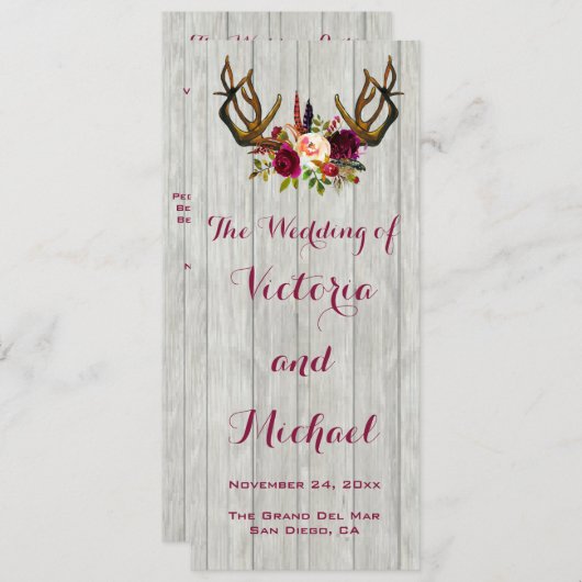 素朴な枝角の花の木製の結婚式プログラム プログラム (正面/裏面)