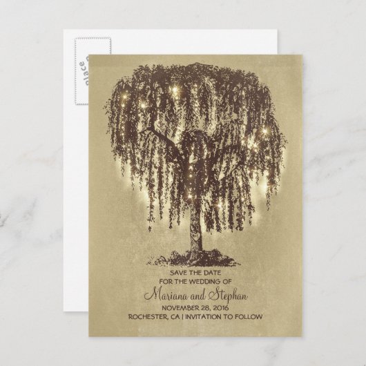 素朴な柳の木と文字列のライト日付を保存 案内ポストカード (正面/裏面)