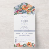 素朴な桃色の青と白の花柄の食器ではありません オールインワン招待状 (内側)