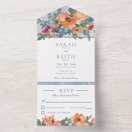 素朴な桃色の青と白の花柄の食器ではありません オールインワン招待状 (内側)