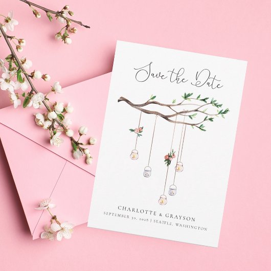 素朴な森と光の水彩画 Save the Date 招待状