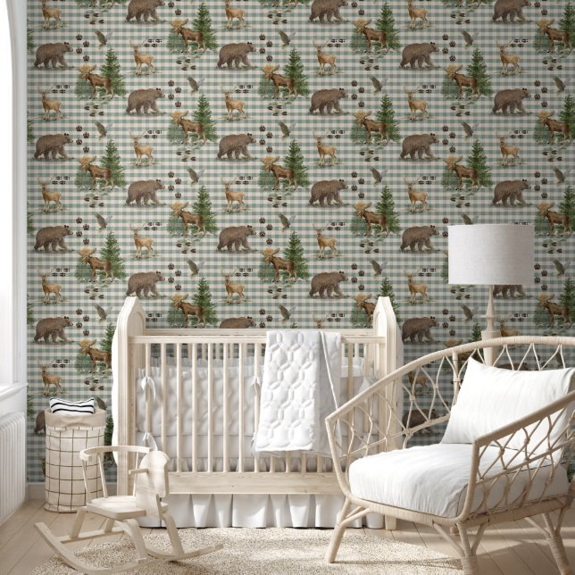 素朴な森のクマ シカ ムース 青 水彩 壁紙 (キッズ)