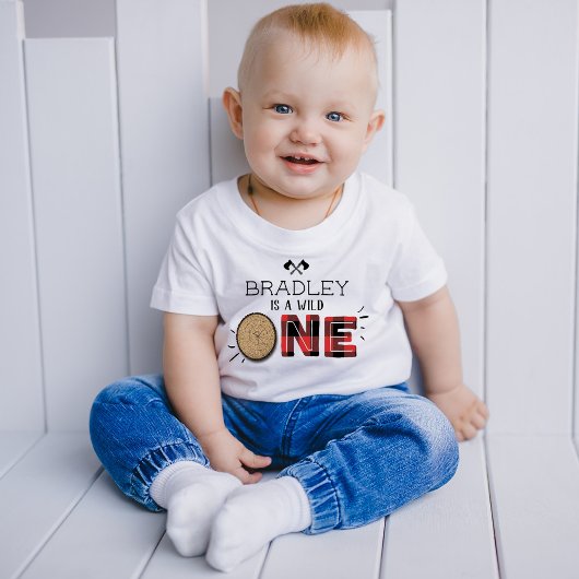 素朴な森のチェック柄の樵少年 1歳の誕生日 ベビーTシャツ