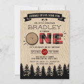 素朴な森のチェック柄の樵少年 1歳の誕生日 招待状 (正面)