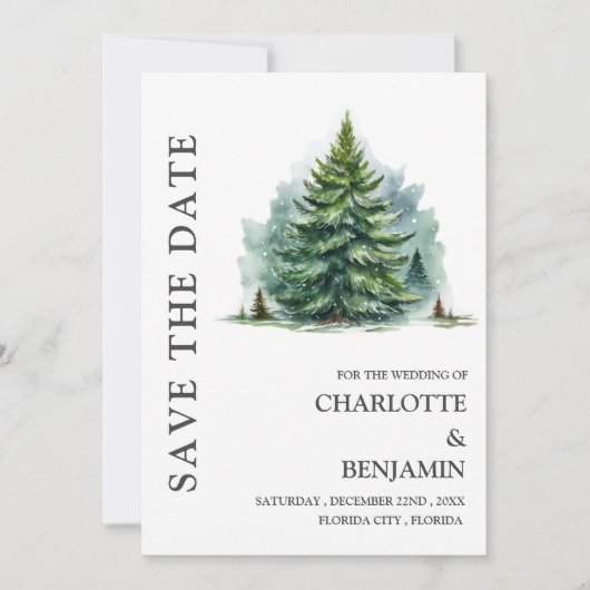 素朴な森の冬のウェディングフォト セーブザデート (正面)