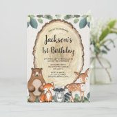 素朴な森の動物の男の子の1歳の誕生日パーティー 招待状 (スタンド正面)