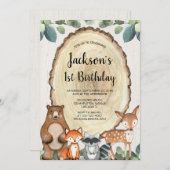 素朴な森の動物の男の子の1歳の誕生日パーティー 招待状 (正面/裏面)