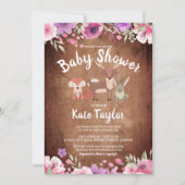 素朴な森の動物 ピンクの花のベビーシャワー 招待状 (正面)