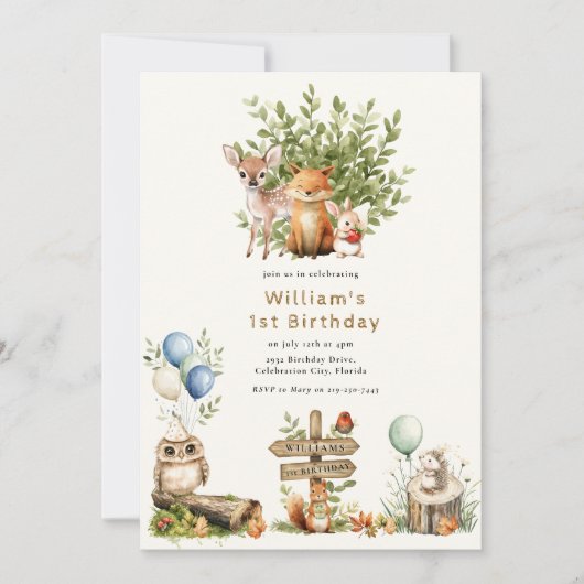 素朴な森の可愛い赤ちゃん動物たち 最初の誕生日 招待状 (正面)