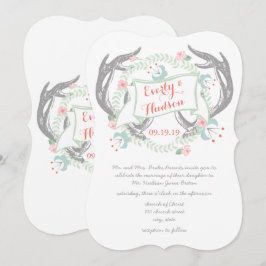 素朴な森の珊瑚色ピンク緑のヴィンテージ フラワー 招待状