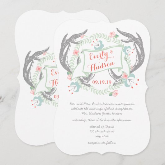 素朴な森の珊瑚色ピンク緑のヴィンテージ フラワー 招待状 (正面/裏面)