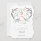 素朴な森の珊瑚色ピンク緑のヴィンテージ フラワー 招待状 (正面)