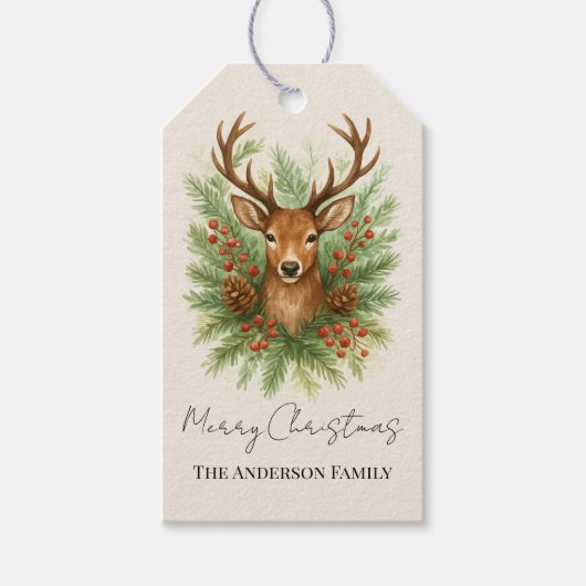 素朴な森の鹿の頭に冬の葉 - ギフトタグ (正面)