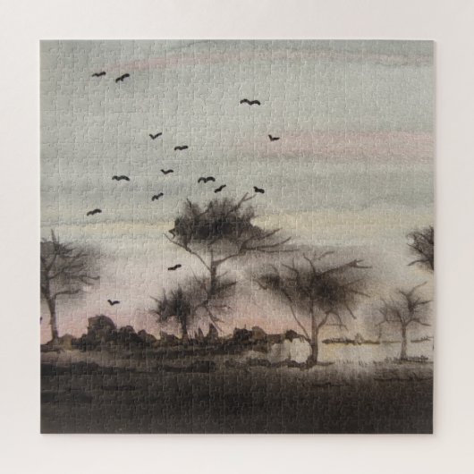 素朴な森林秋の夕日 ジグソーパズル (縦)