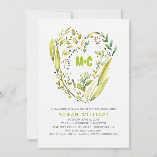 素朴な森林緑の草木はブライダルシャワーを包みます 招待状 (正面)