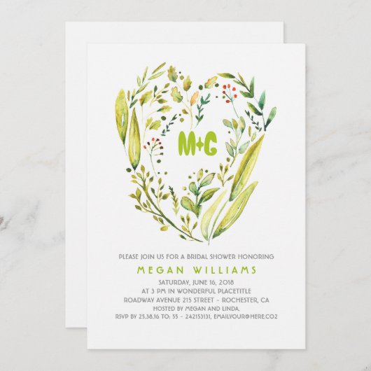 素朴な森林緑の草木はブライダルシャワーを包みます 招待状 (正面/裏面)