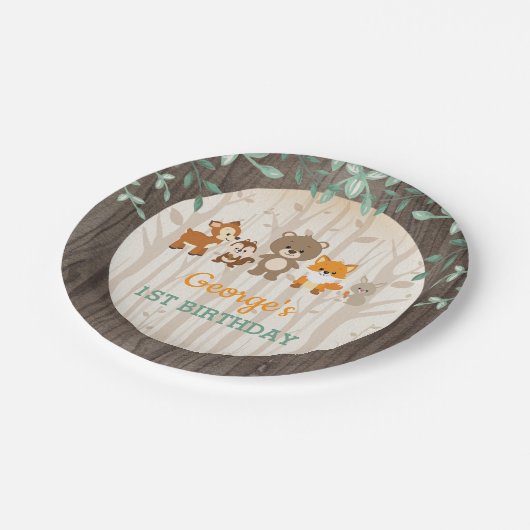 素朴な森林誕生日の森林動物のベビーシャワー ペーパープレート (アングル)