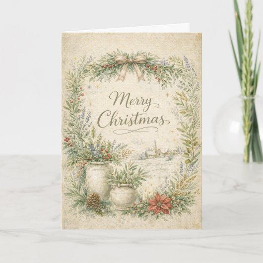 素朴な植物のリース メリークリスマス シーズンカード (正面)