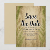 素朴な樹皮と moss の森の Save the Date カード (正面/裏面)