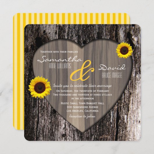 素朴な樹皮のハートおよびヒマワリの結婚式 招待状 (正面/裏面)
