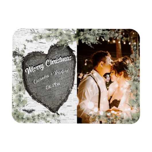 素朴な樹皮の木のハート チューリップ グリーン マグネット (横)