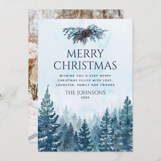 素朴な水の色の松の木の森フォトクリスマス シーズンカード (正面/裏面)