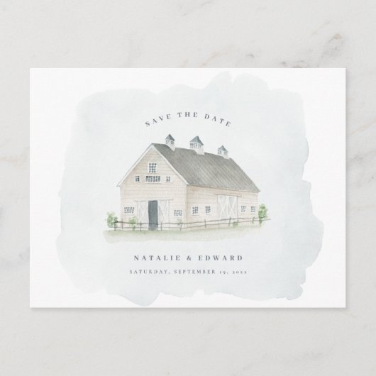 素朴な水の色の納屋の結婚式の日付を保存 ポストカード (正面)