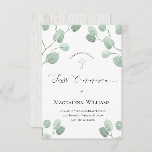 素朴な水の色ユーカリ緑の聖餐会 招待状 (正面/裏面)