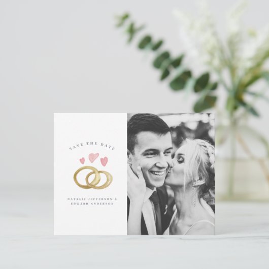 素朴な水の色結婚のリングの写真は日付を保存 ポストカード (スタンド正面)