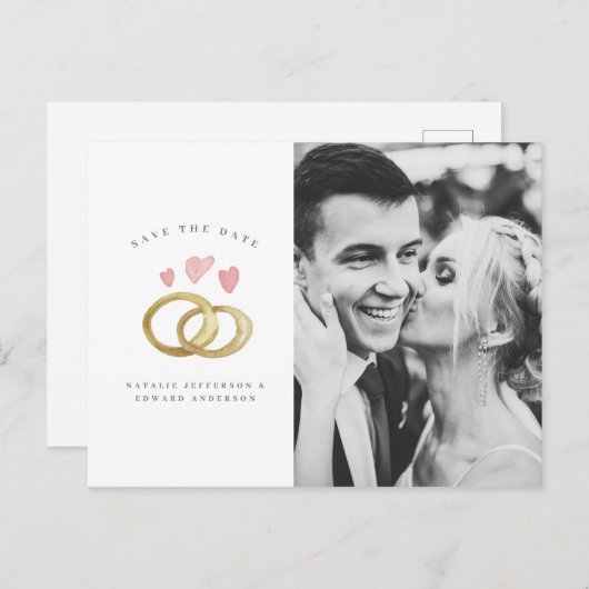 素朴な水の色結婚のリングの写真は日付を保存 ポストカード (正面/裏面)