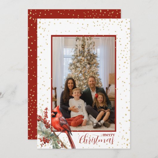 素朴な水彩の冬のカーディナルとホリーブランチ シーズンカード (正面/裏面)