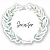 素朴な水彩の葉のモノグラム名前カットステッカー シール (正面)