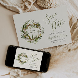 素朴な水彩オリーブの花輪 Save the Date 招待状