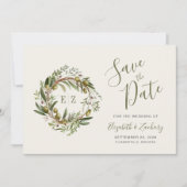 素朴な水彩オリーブの花輪 Save the Date 招待状 (正面)