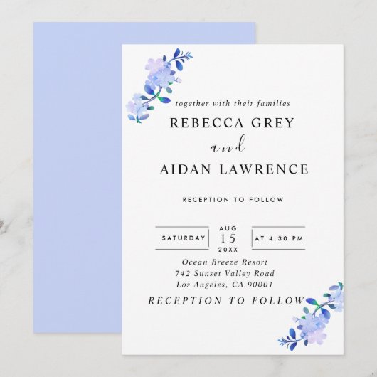 素朴な水彩スタイルの青みがかった花と葉 招待状 (正面/裏面)