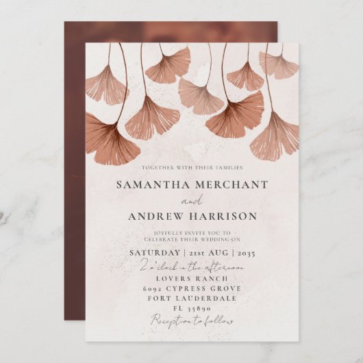 素朴な水彩テラコッタ銀杏ウェディング 招待状 (正面/裏面)