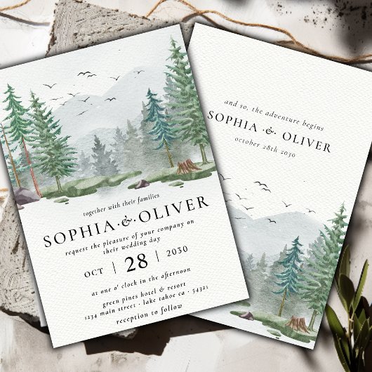 素朴な水彩山緑の松の木のウェディング 招待状