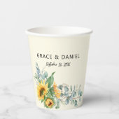 素朴な水彩画のひまわりとユーカリのグリーン 紙コップ (正面)