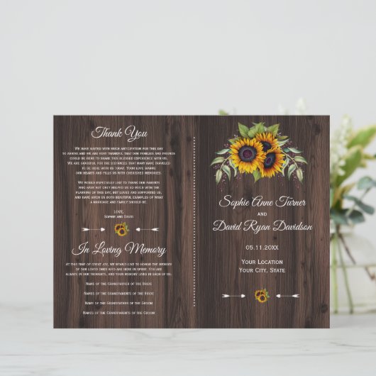 素朴な水彩画のひまわり ウェディングプログラム (スタンド正面)