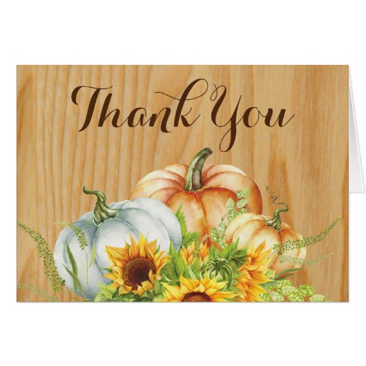 素朴な水彩画のカボチャヒマワリのサンキューカード (正面横)