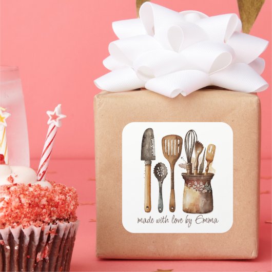 素朴な水彩画のキッチン雑貨 食品ラベル スクエアシール (パーティー)